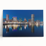 Black and white photo of the Baltimore skyline on stretched canvas, ideal for kitchen wall art.