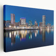 Large art depicting Baltimore skyline in vibrant twilight hues on stretched canvas, suitable for kitchen wall art.