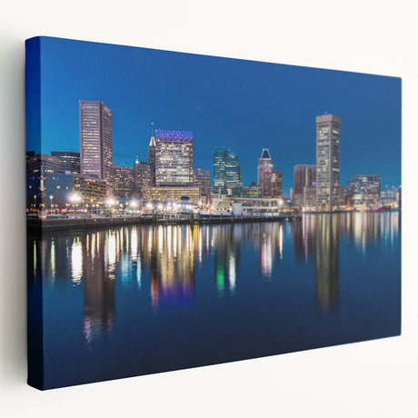 Large art depicting Baltimore skyline in vibrant twilight hues on stretched canvas, suitable for kitchen wall art.