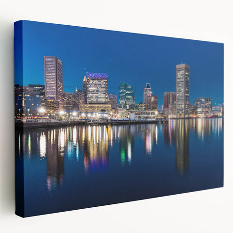 Large art depicting Baltimore skyline in vibrant twilight hues on stretched canvas, suitable for kitchen wall art.