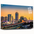 Acrylic print of a large abstract depiction of Boston skyline in cool blue and gray tones.