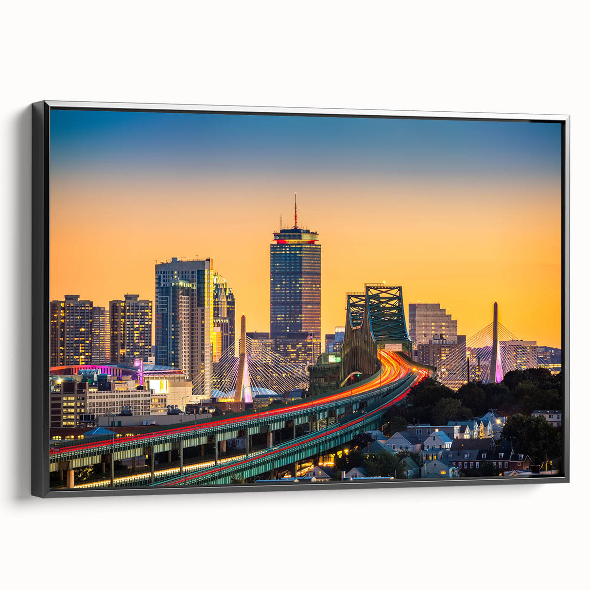 Black and white framed canvas of vintage Boston landscape, suitable for bedroom wall decor.