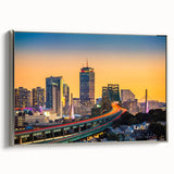 Framed canvas landscape art painting featuring a vintage poster style view of Boston in colorful art tones.
