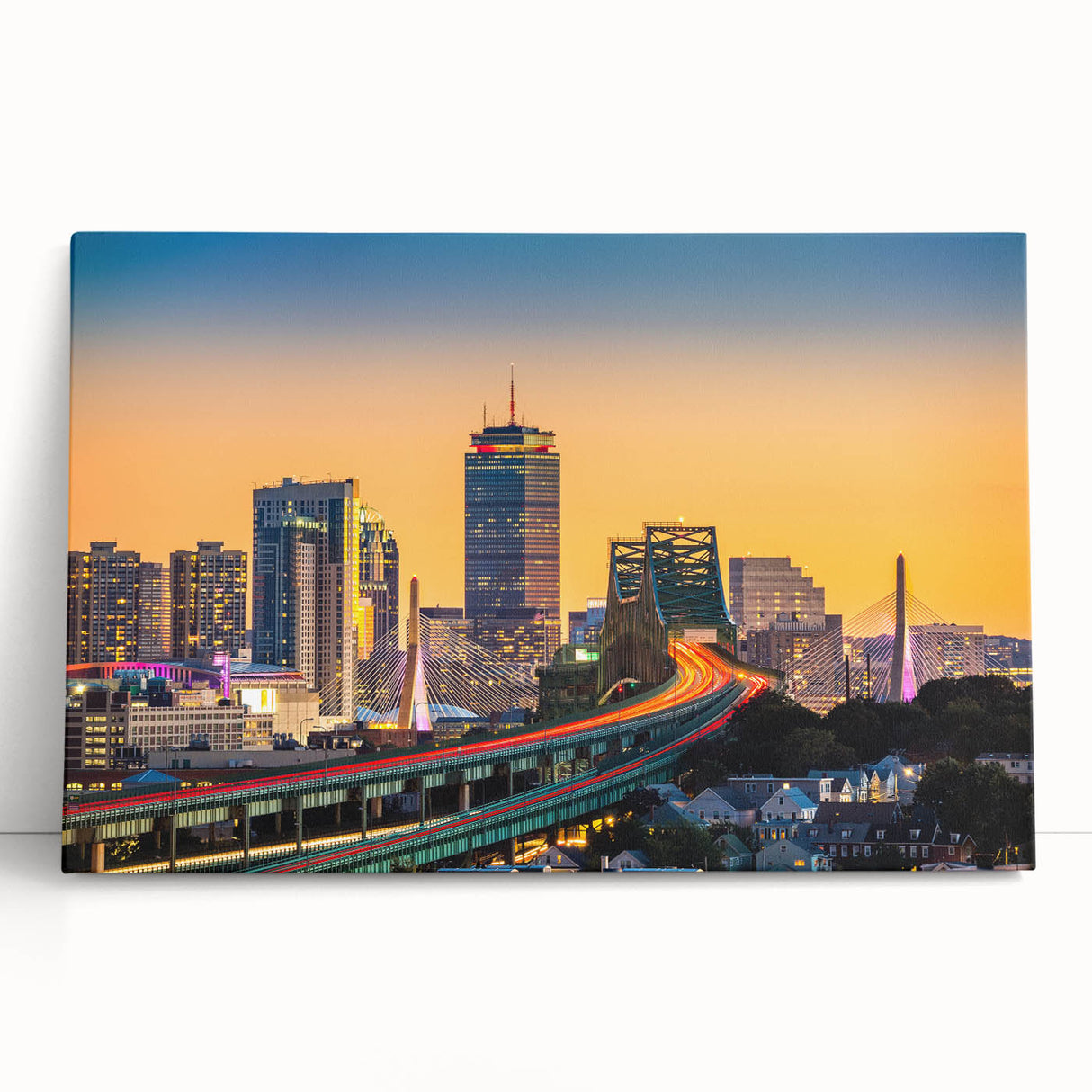 Black and white photo of Boston skyline on stretched canvas, ideal for kitchen wall art.