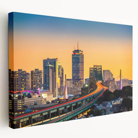 Panoramic Boston skyline in muted blue and gray tones on stretched canvas, suitable for kitchen wall art.