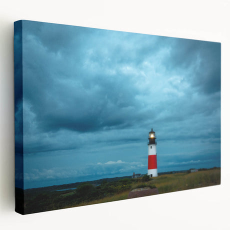 Large stretched canvas depicting a serene Nantucket landscape in soft blue and green tones, ideal for kitchen wall art.