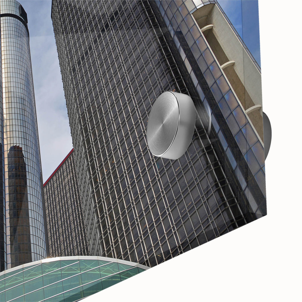 Large abstract wall art depicting the Detroit skyline in muted gray and blue tones on acrylic glass.