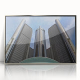 Mid-century modernist art of Detroit skyline in muted metallic tones on framed acrylic, suitable for nursery wall art.