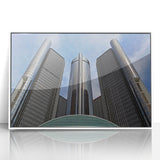 Art deco style poster of Detroit skyline in muted gray and blue tones, acrylic framed, ideal for modern bedroom ambiance.