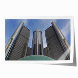 Extra large rolled print of Detroit skyline in muted gray and blue tones, suitable for classy bathroom wall art.