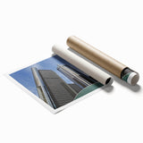 Extra large rolled print depicting a serene Detroit skyline in muted gray and blue tones, ideal for art wall dining room.