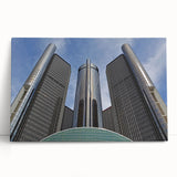 Black and white photo of Detroit skyline on large stretched canvas, ideal for kitchen wall art or bedroom ambiance.