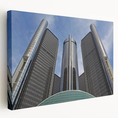 Panoramic view of Detroit skyline in muted gray and blue tones on a large stretched canvas, suitable for kitchen wall art.