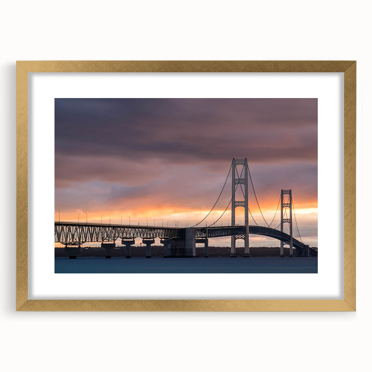 Extra large abstract art print of Michigan's Upper Peninsula in textured style with gold frame, ideal for living room decor.