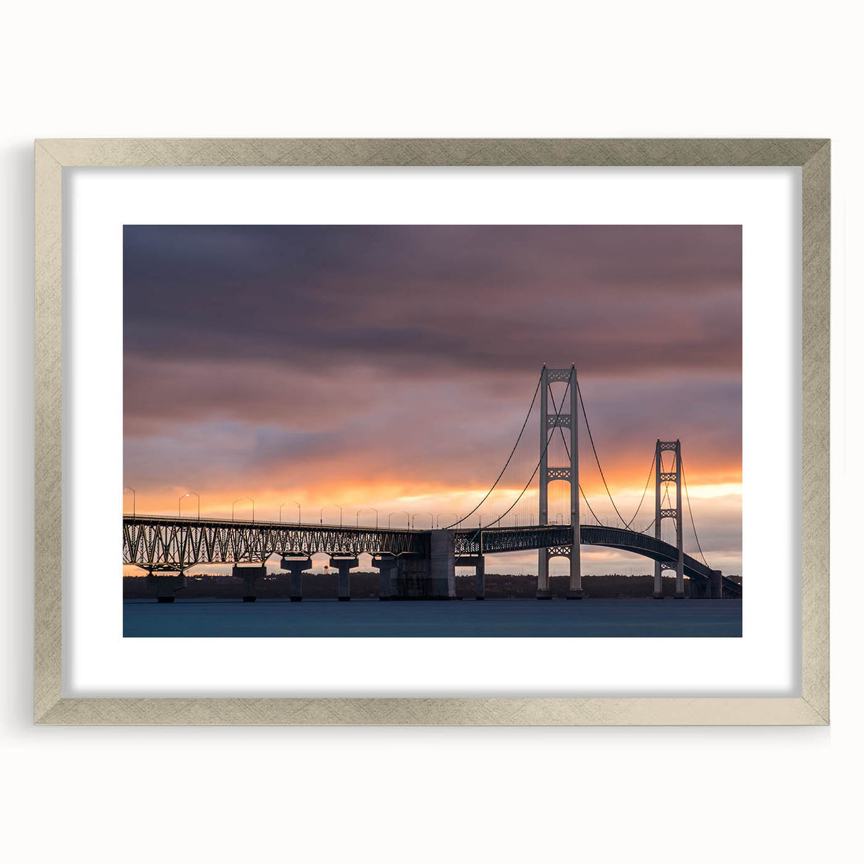 Textured art abstract print of Michigan's Upper Peninsula in muted earth tones on a silver-framed mat.