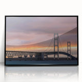 Large abstract wall art depicting Michigan's Upper Peninsula in muted earth tones, framed in black acrylic.