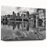 Acrylic print of a large abstract depiction of the Minneapolis skyline in cool blue and gray tones.