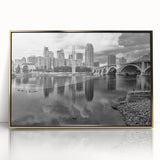 Mid-century modernist Minneapolis skyline in gold and blue hues, framed acrylic print, suitable for modern art wall decor.