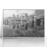 Acrylic print of Minneapolis skyline in muted pastel shades, styled in art deco, ideal for modern art wall decor.
