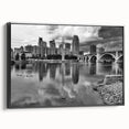 Black and white framed canvas of Minneapolis landscape in vintage poster style, ideal for bedroom wall decor.