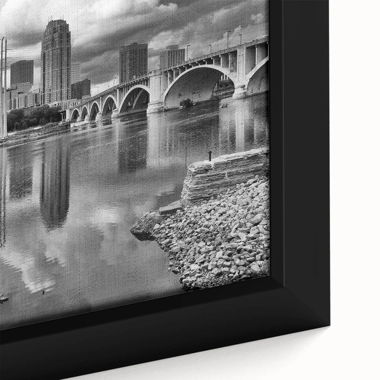 Extra large framed canvas of Minneapolis skyline in black with colorful, textured art details, ideal for living room decor.