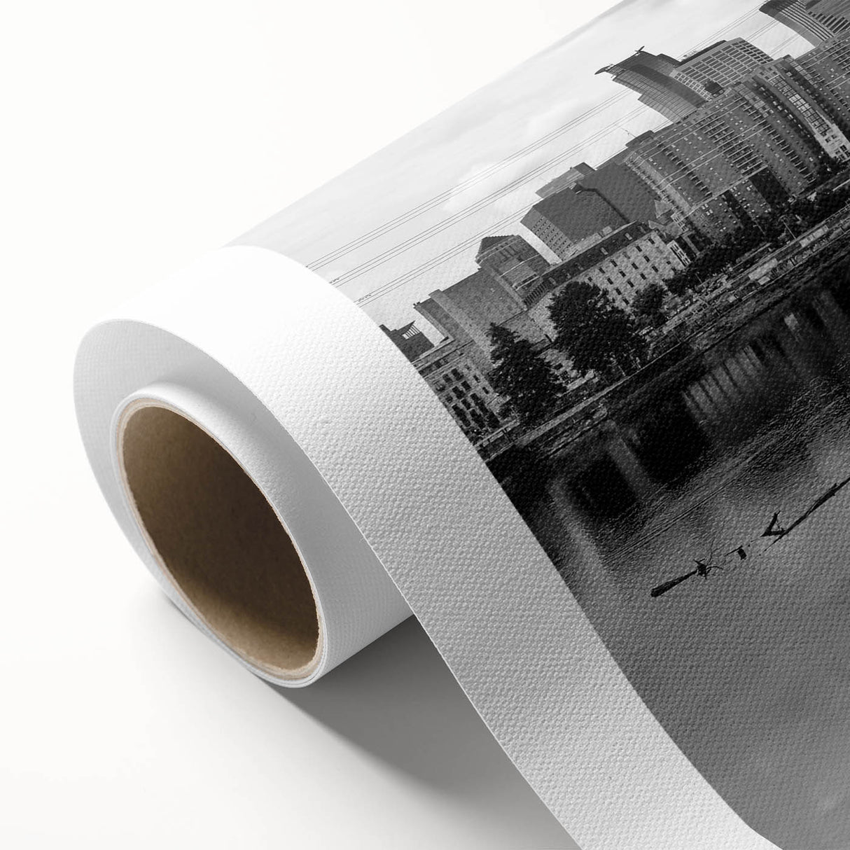 Art deco style Minneapolis skyline on rolled canvas with muted blue and pink tones, ideal for nursery wall art.
