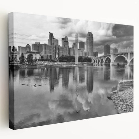 Side view of a large canvas featuring a Minneapolis skyline in muted gray and blue tones, ideal for kitchen wall art.
