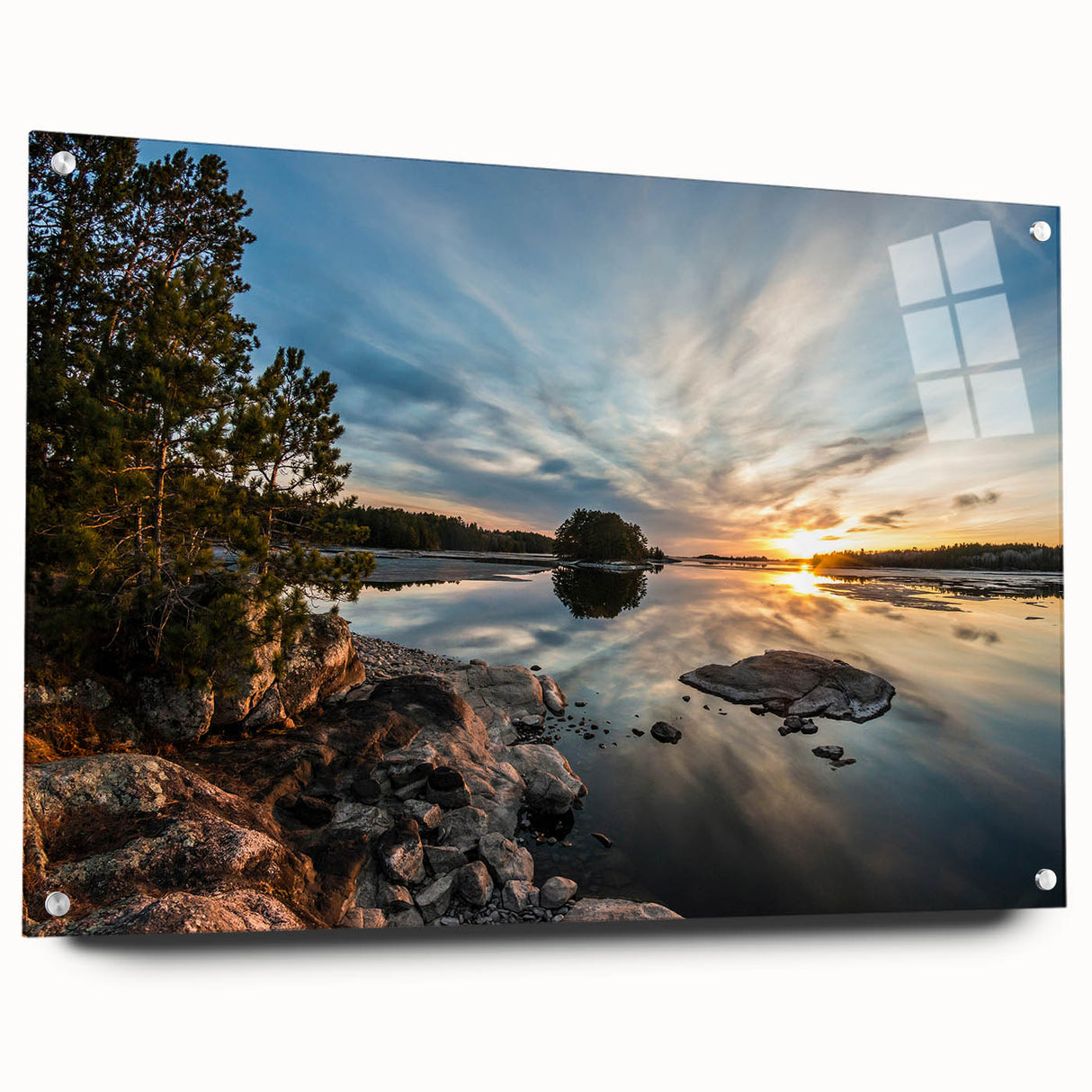 Large abstract wall art of Minnesota scenery on acrylic glass, featuring muted blue and green tones.