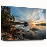 Large abstract wall art of Minnesota scenery on acrylic glass, featuring muted blue and green tones.