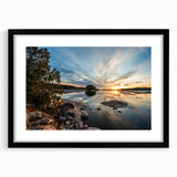 Extra large abstract art print of a colorful, textured Minnesota landscape, in a black frame, ideal for living room decor.
