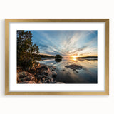 Extra large abstract art print of Minnesota scenery in muted colors, framed in gold, ideal for living room decor.