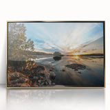 Acrylic print of a serene Minnesota landscape in muted earth tones, framed in gold, suitable for modern nursery decor.