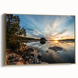 Framed canvas landscape painting of Minnesota scenery in black and gold tones, ideal for bedroom wall art.