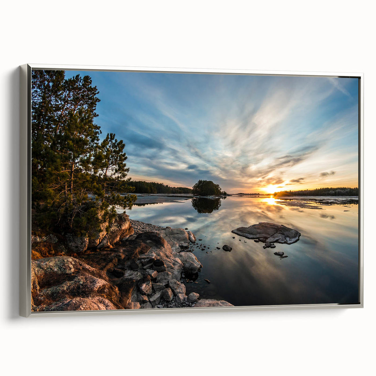 Framed canvas of a vintage-style Minnesota landscape painting featuring colorful art on a black background.