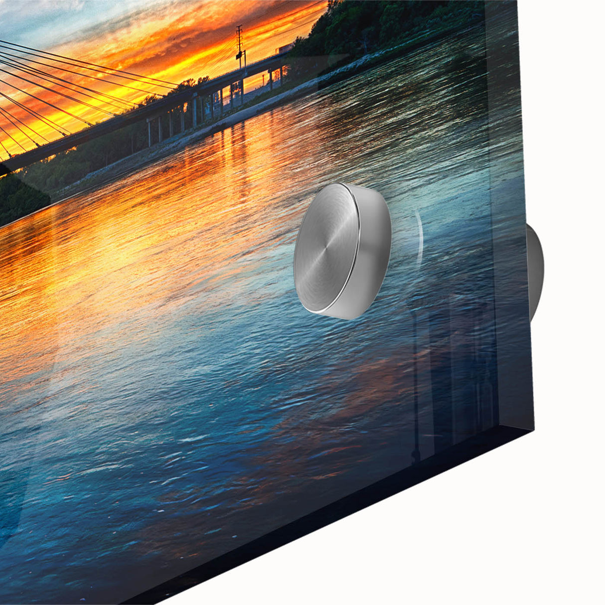 Mid-century modernist large abstract art of Kansas City skyline in vibrant blues and oranges on acrylic glass.