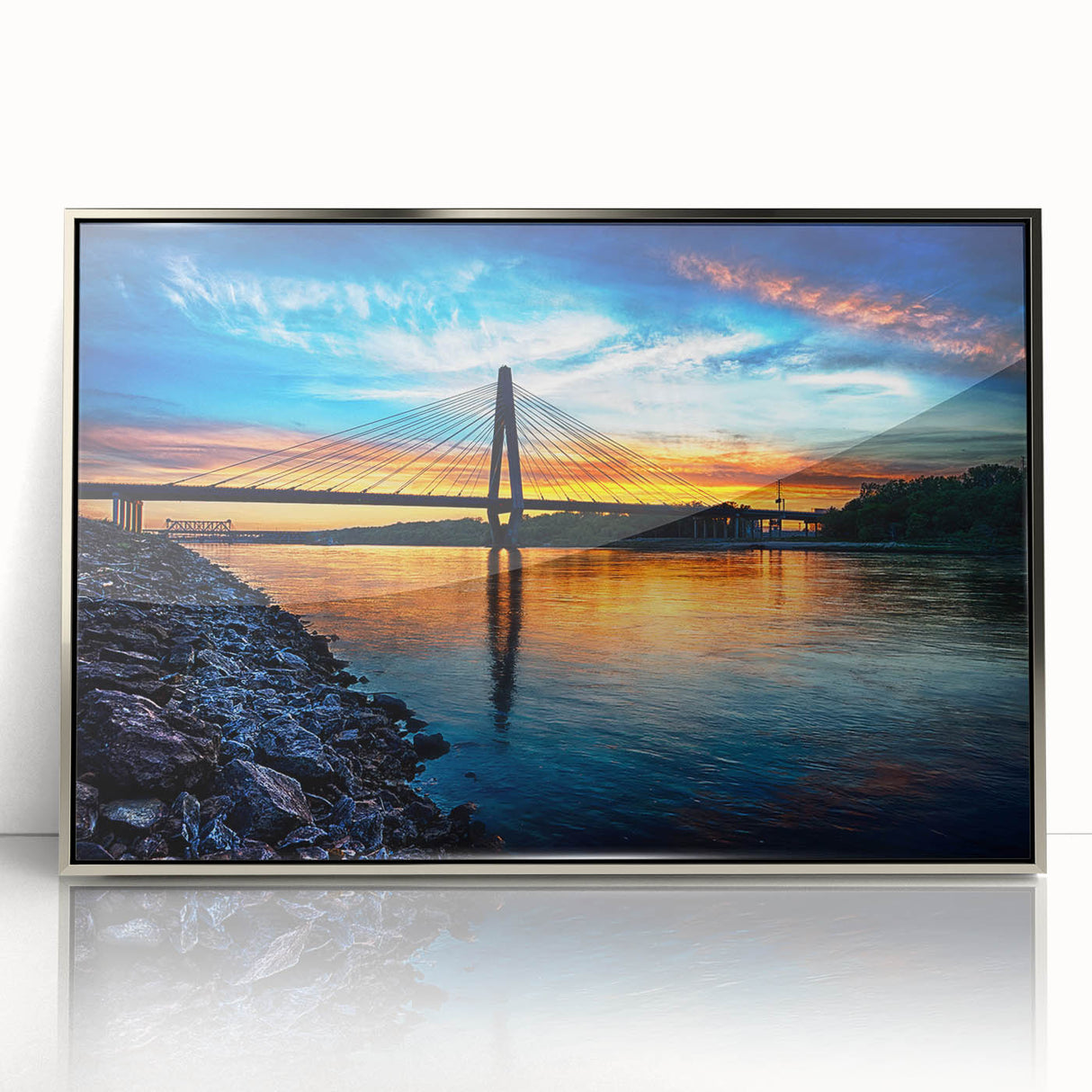 Large abstract wall art of Kansas City skyline in silver and gray tones on framed acrylic.