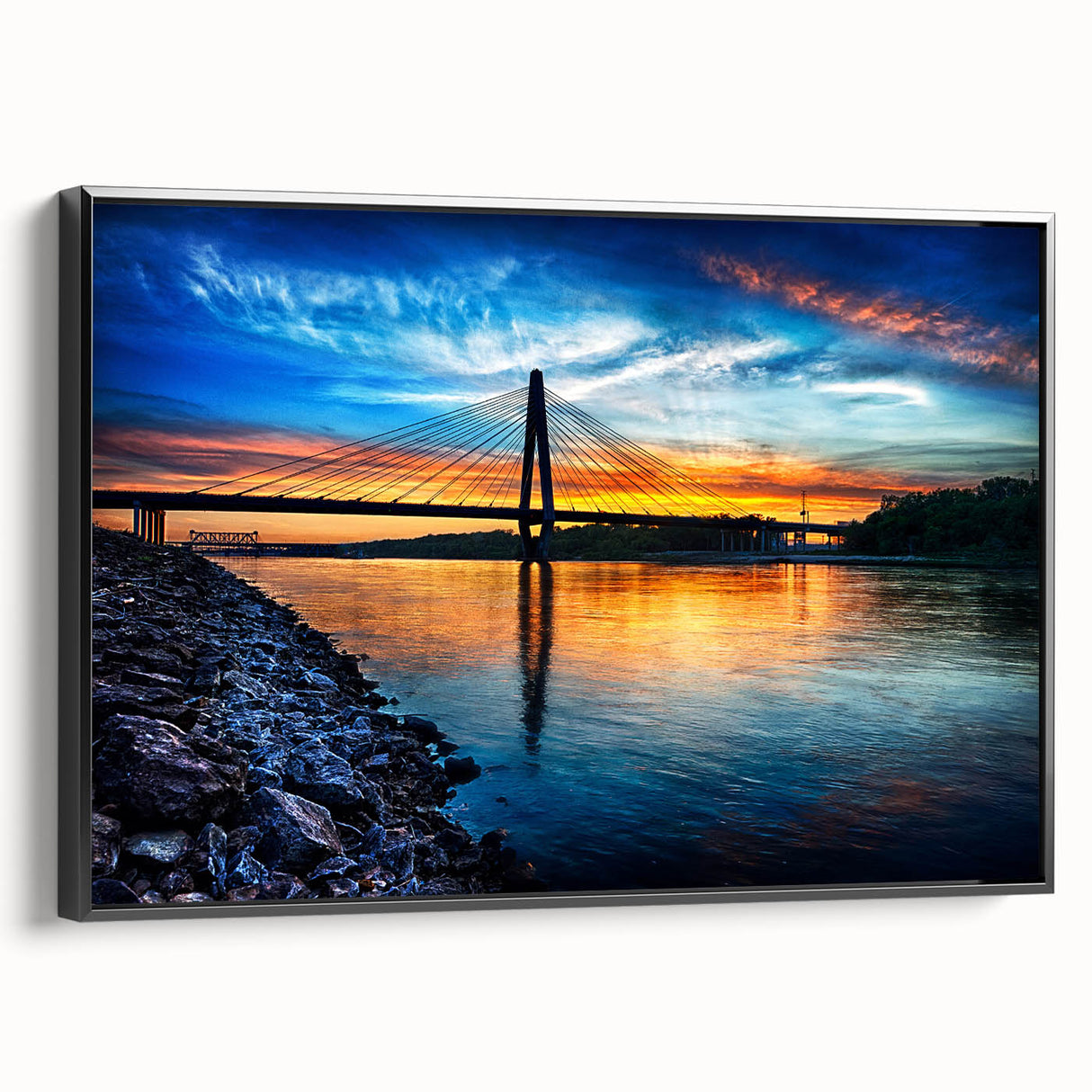 Black and white framed canvas of Kansas City landscape with vintage poster art style, ideal for bedroom wall decor.