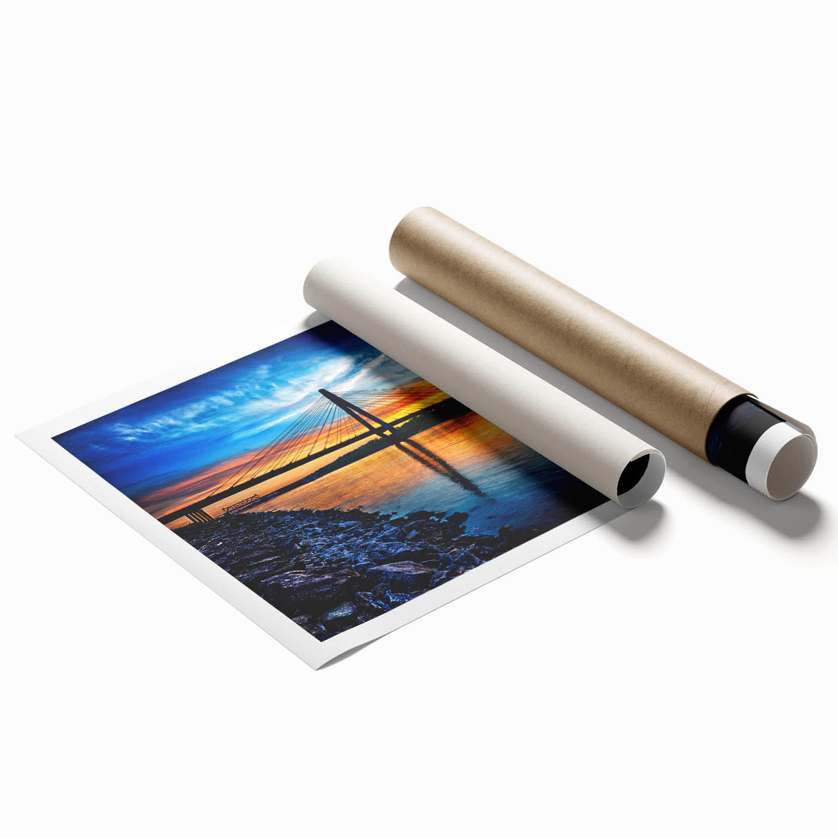 Extra large rolled print of Kansas City skyline in muted gray tones, ideal for classy bathroom wall art.