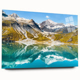 Large abstract wall art of Montana Glacier in muted blue and white tones on acrylic glass.