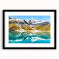 Abstract art print depicting Glacier National Park in vibrant, textured colors on a large framed canvas.