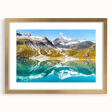 Extra large wall art featuring abstract textured art print of Montana's Glacier scenery in a gold frame.