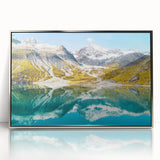 Mid-century modernist art depicting Glacier National Park in muted earth tones on a framed acrylic print.