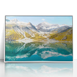 Art deco poster of Glacier National Park in muted blue and white tones, framed acrylic, ideal for modern nursery wall art.