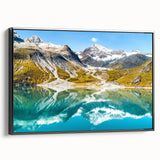 Black and white wall art of Glacier National Park on framed canvas, ideal for bedroom decor.