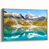 Framed canvas depicting a vintage-style landscape art painting of Montana's Glacier National Park.