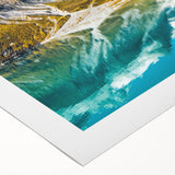 Art deco poster featuring a serene Montana glacier landscape in muted blue and white tones on rolled canvas.