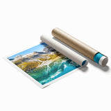 Extra large rolled print of Glacier National Park with vibrant green and blue tones, ideal for classy bathroom wall art.