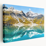 Large art canvas depicting Glacier National Park in vibrant blues and greens, ideal for kitchen wall art.