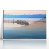 Acrylic print of a serene Montana landscape in soft pastel colors, framed in white, suitable for modern nursery decor.