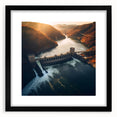Extra large colorful art print of abstract Hoover Dam scenery on textured canvas, framed in black.